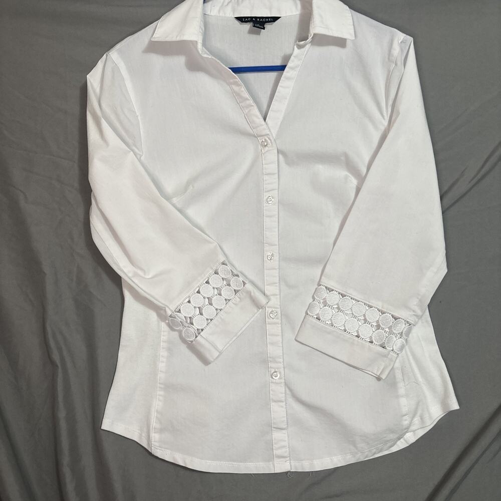 Zac & Rachel Blouse Women Size S White Eyelet Lace Trim 3/4 Sleeve Button Down